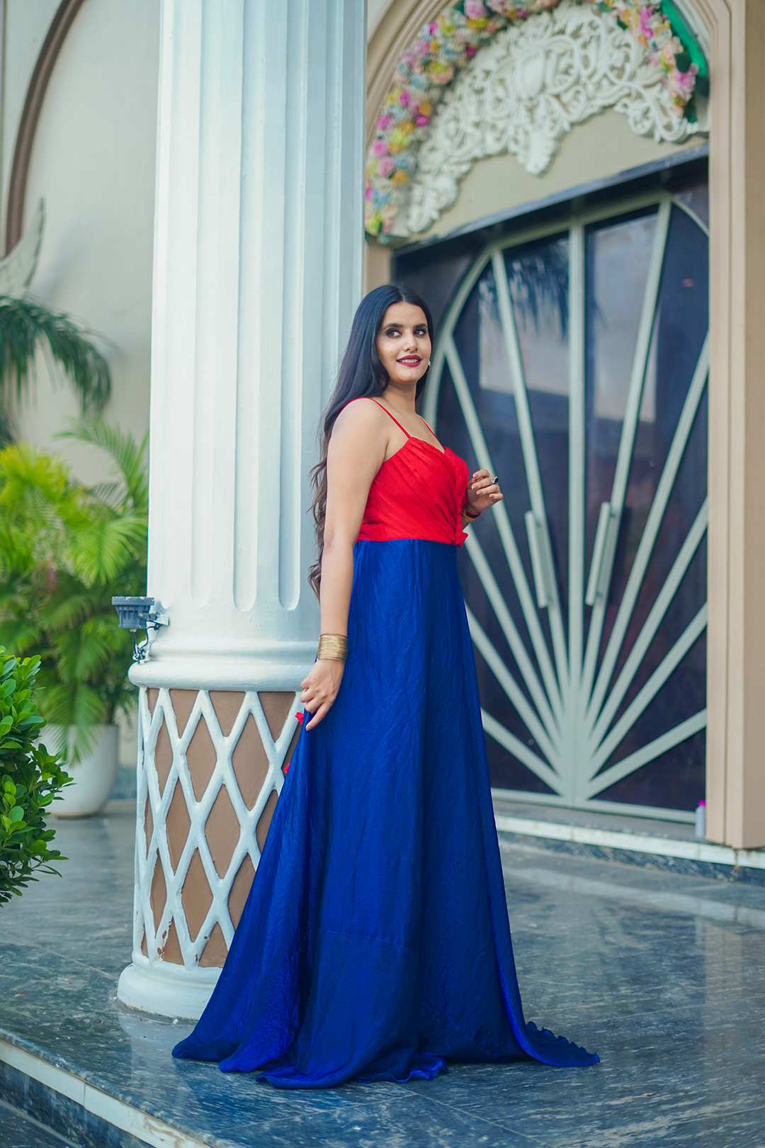 V Glame Pink & Blue Glow Satin Gown – Elegant One-Piece Dress